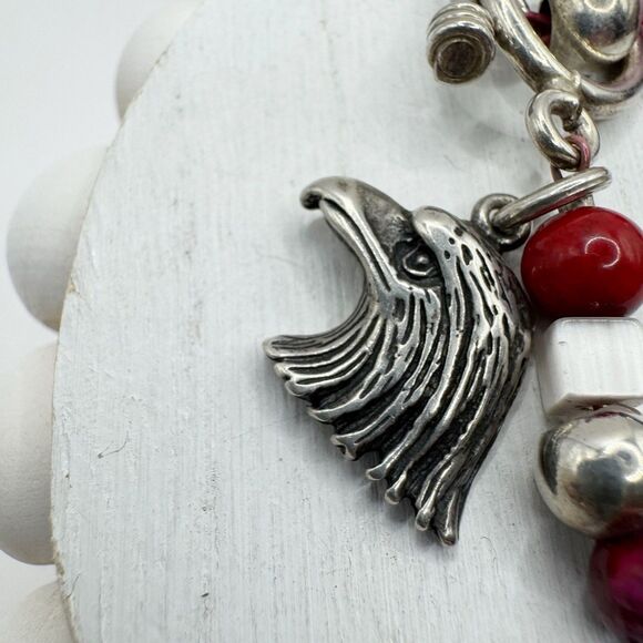Patriotic Fourth Of July Bald Eagle Sterling Silver Beaded Bracelet USA Holiday - Picture 5 of 14